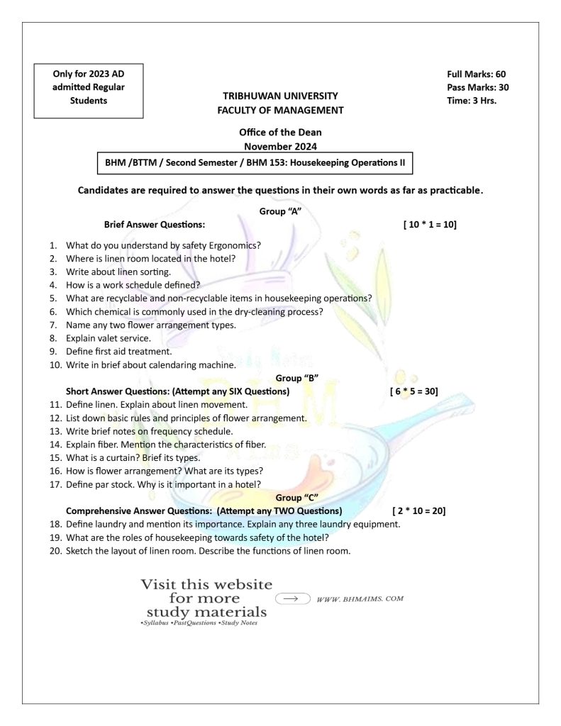 BHM 2024  2nd semester Housekeeping Question Paper 