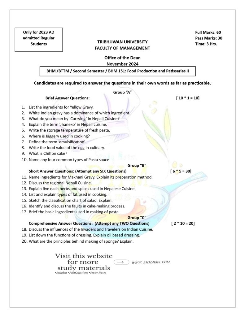 BHM 2024 2nd semester Question Paper Food Production