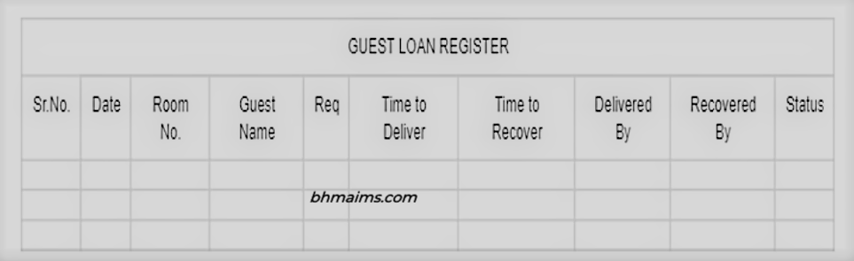 Sample of Guest Loan Register used by desk control in hotel by housekeeping