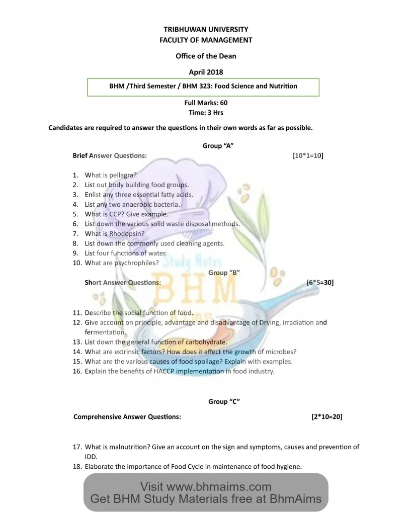 Food Science and Nutrition question paper from the BHM 3rd Semester Past Year Question Papers collection, year 2018