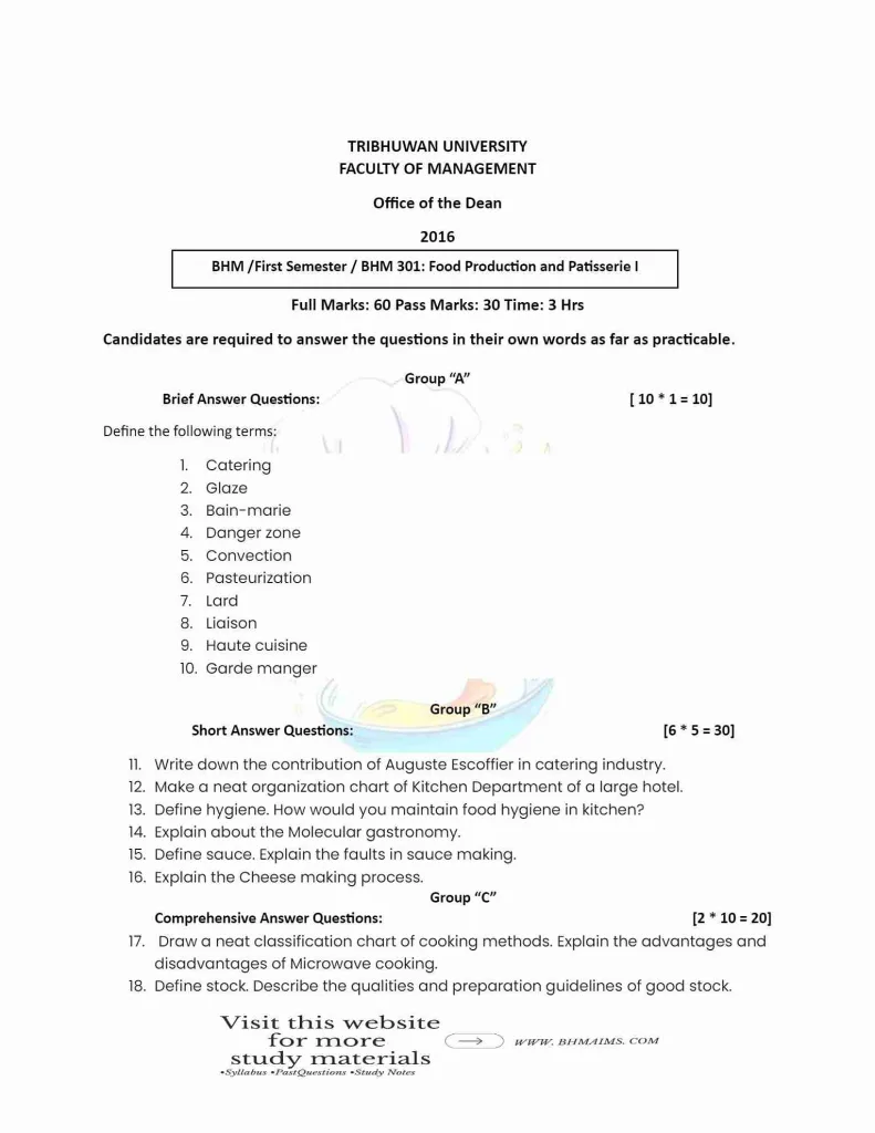 tribhuwan-university-first-semester-food-production-patisserie-past-year-question-2016