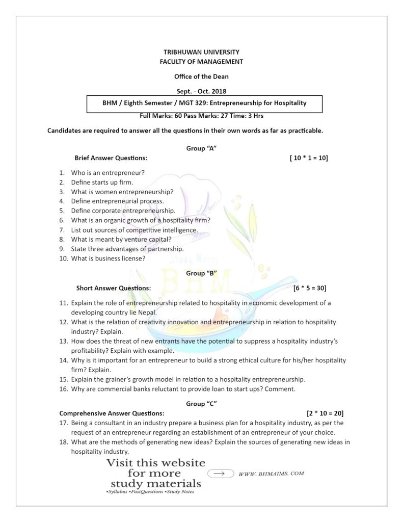 tu-bhm-8th-sem-entrepreneurship-for-hospitality-2021-past-year-question-paper