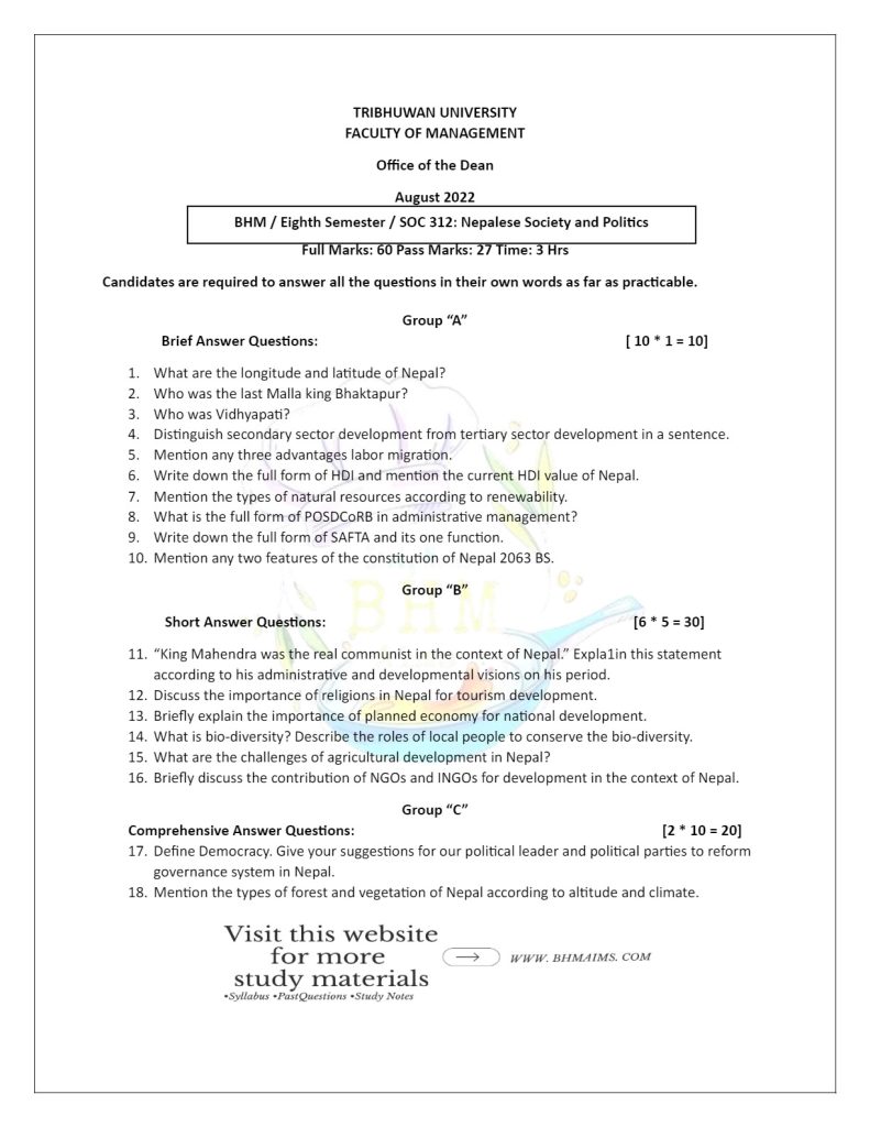 bhm-8th-sem-nepalese-society-and-society-2022-old-question-paper