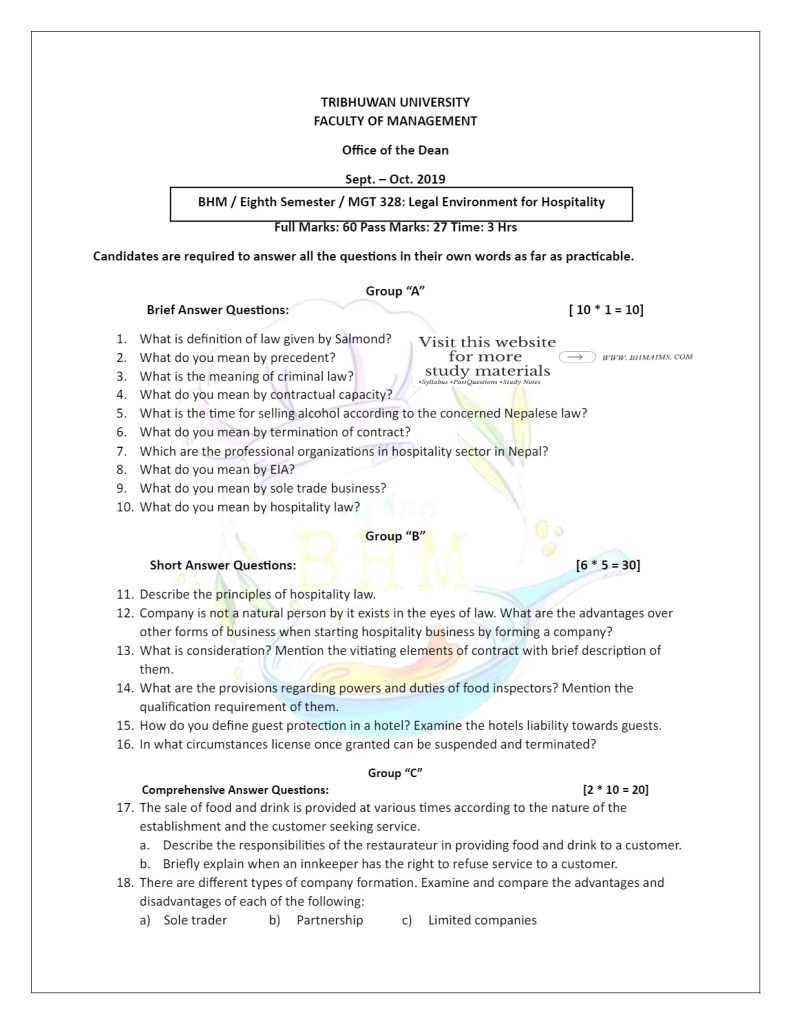 tu-bhm-8th-sem-legal-environent-2019-past-question-paper