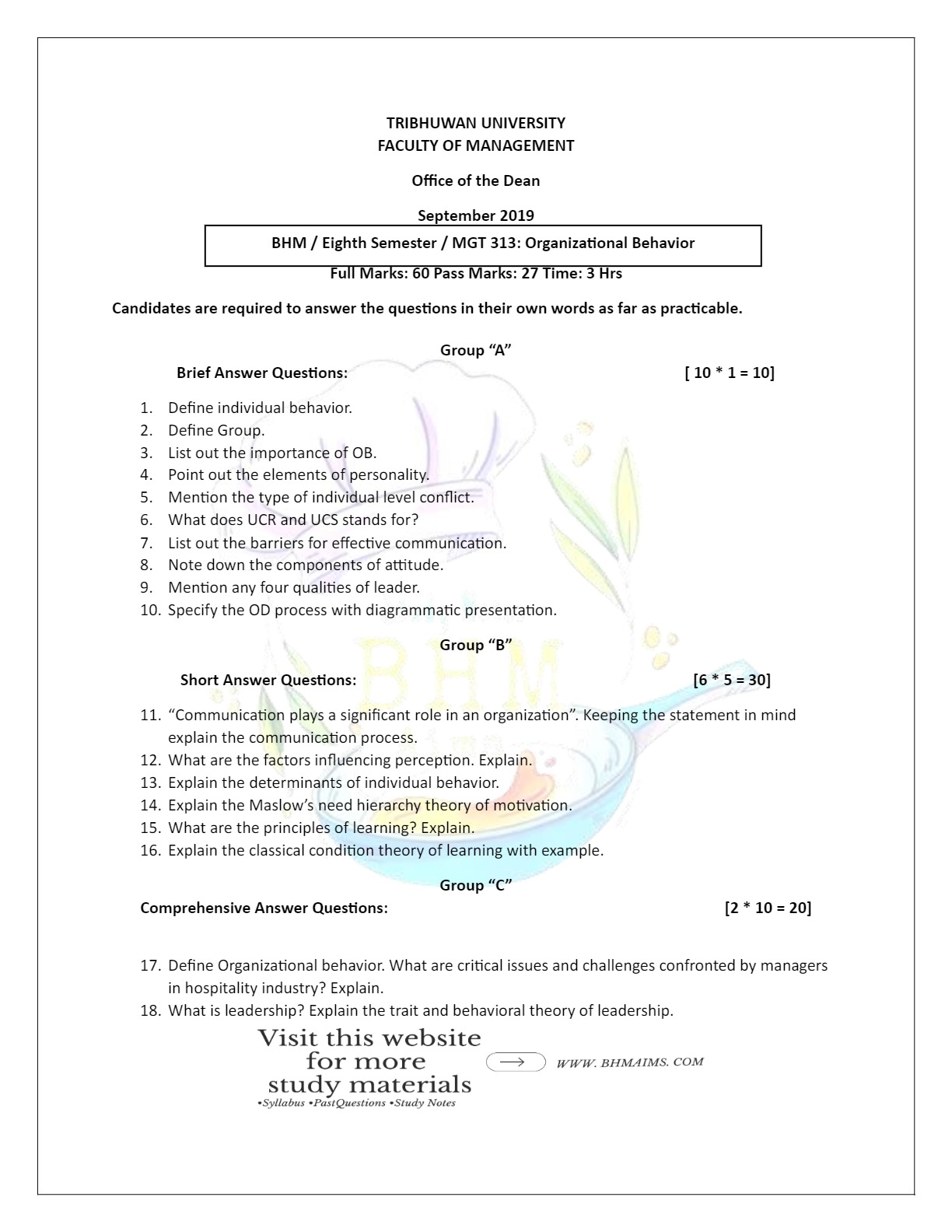 BHM 8th Semester Organization Behavior Past Questions Paper