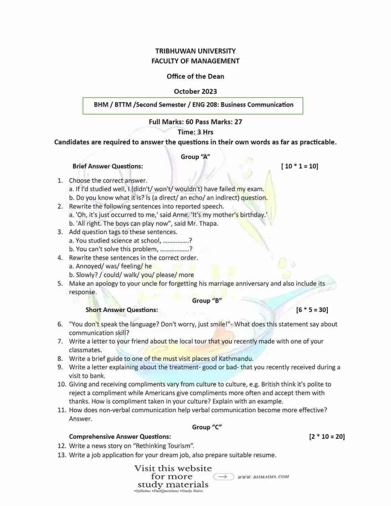 bhm-2nd-sem-business-communication-2023-past-question-paper