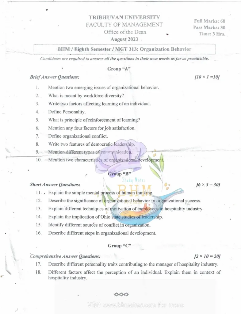 tu-bhm-8th-sem-organizational-behavior-2023-old-question-paper