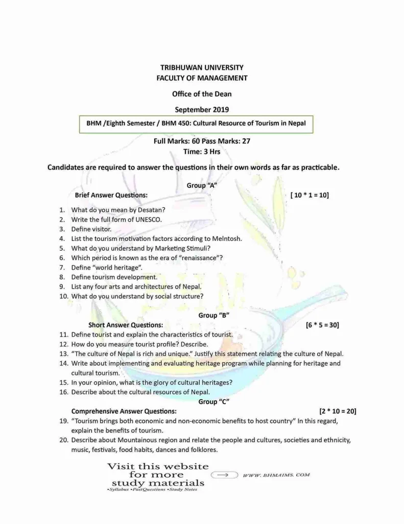 tu-bhm-8th-semester-cultural-resource-of-tourism-in-nepal-2019-past-question-paper