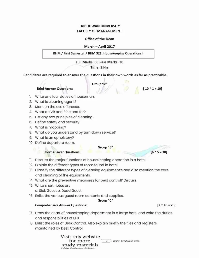 tribhuwan-university-bhm-1st-semester-housekeeping-operation-past-year-question-2017