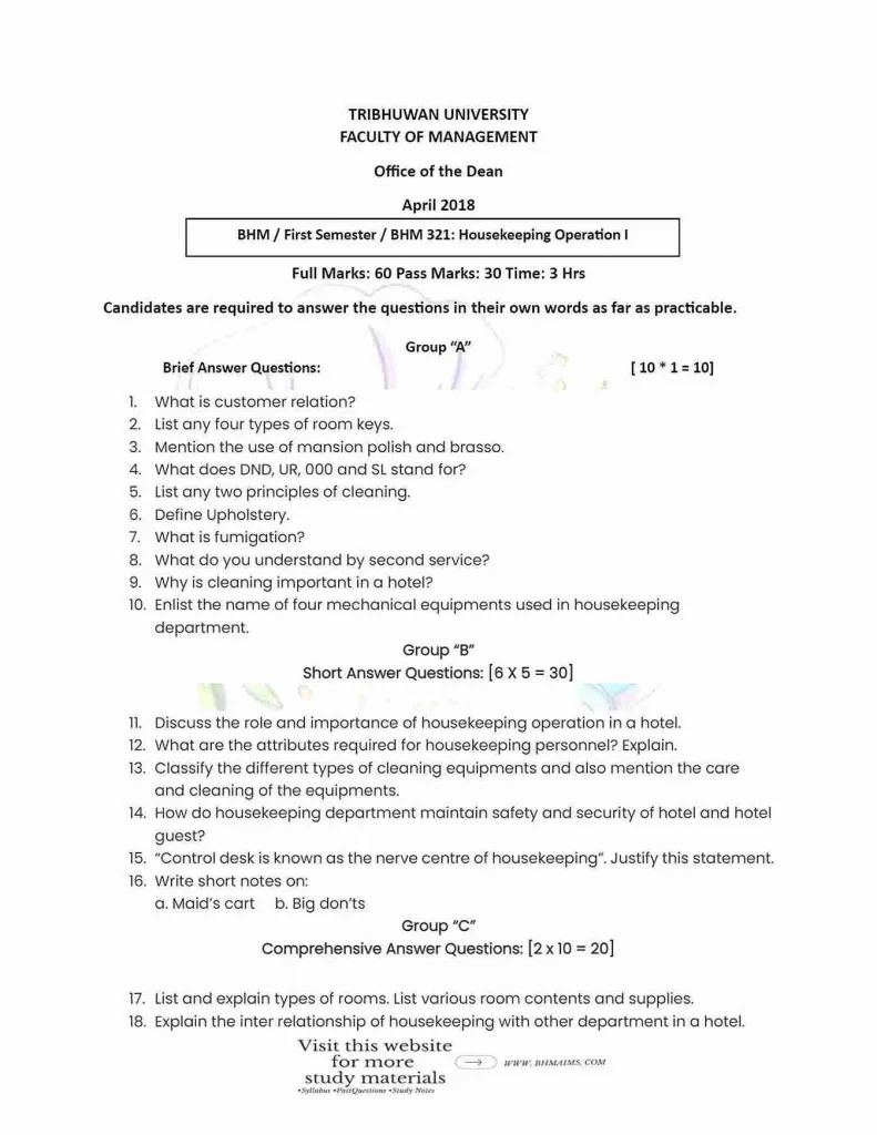 tribhuwan-university-bhm-1st-semester-housekeeping-operation-past-year-question-2018