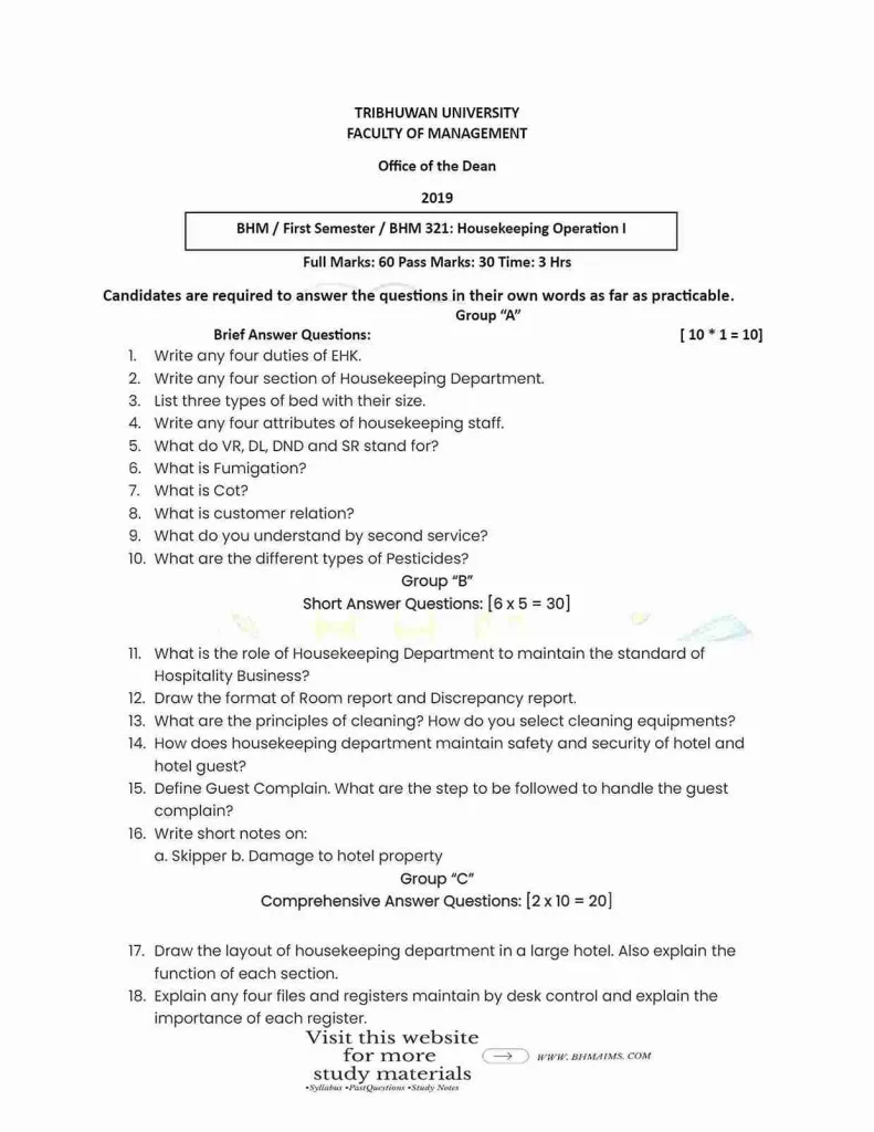 tribhuwan-university-bhm-1st-semester-housekeeping-operation-past-year-question-2019