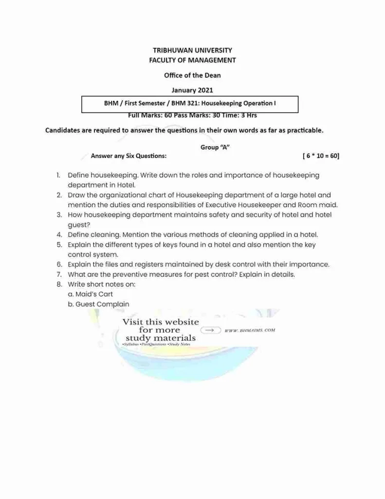 tribhuwan-university-bhm-1st-semester-housekeeping-operation-past-year-question-2021