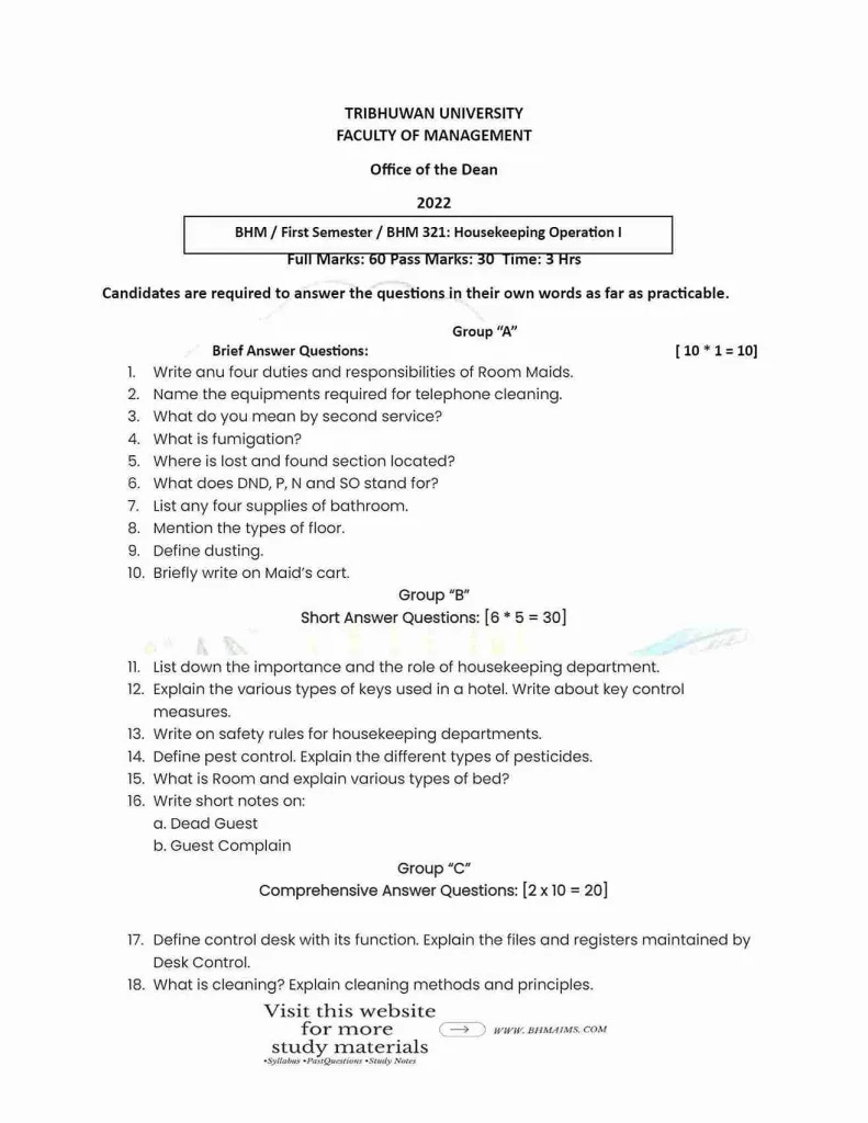 tribhuwan-university-bhm-1st-semester-housekeeping-operation-past-year-question-2022