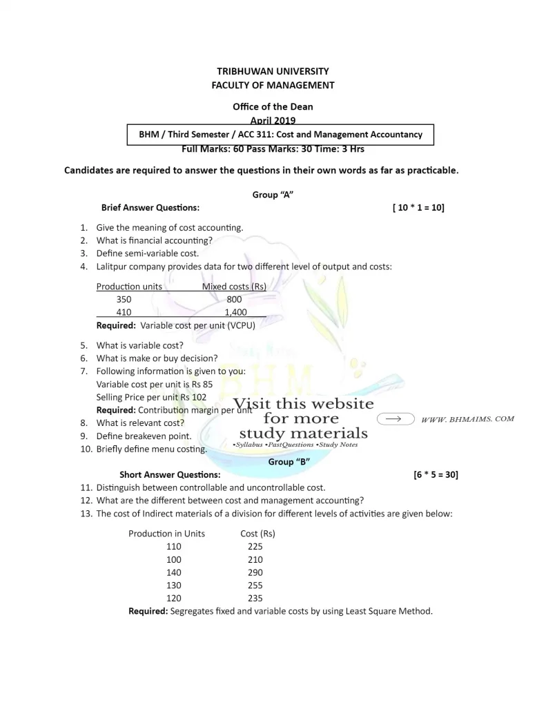 tu-bhm-3rd-semester-cost-and-management-accountancy-question-paper-year-2019