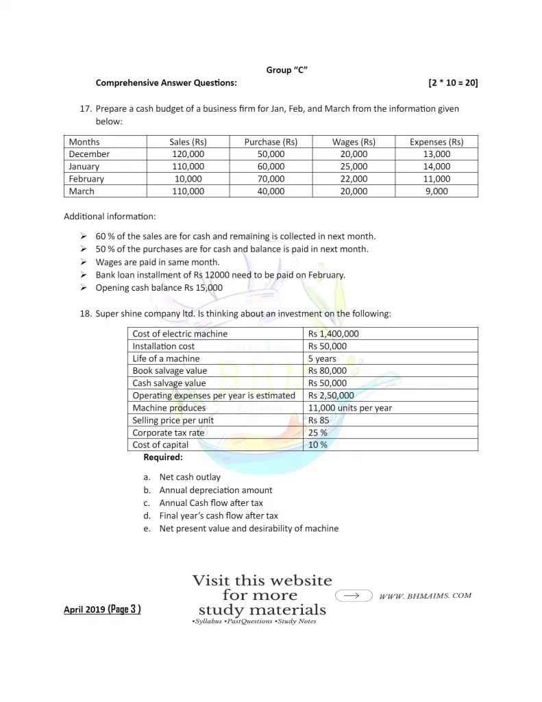 tu-bhm-3rd-semester-cost-and-management-accountancy-question-paper-year-2019