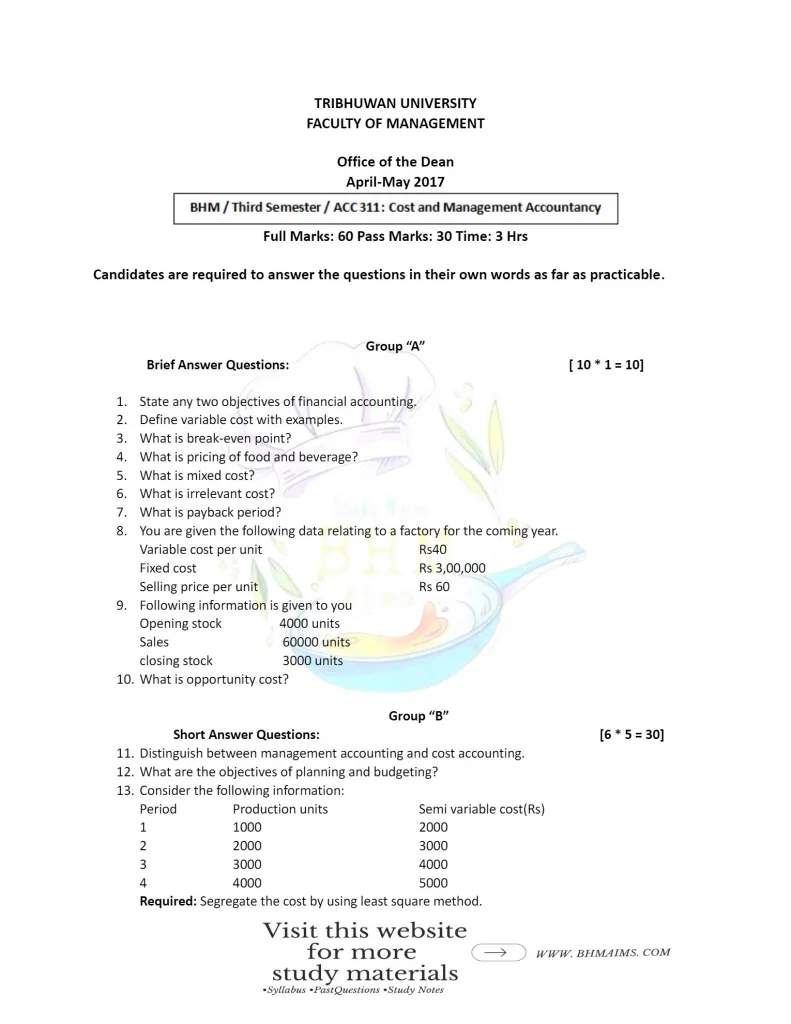 tu-bhm-3rd-semester-cost-and-management-accountancy-question-paper-year-2017