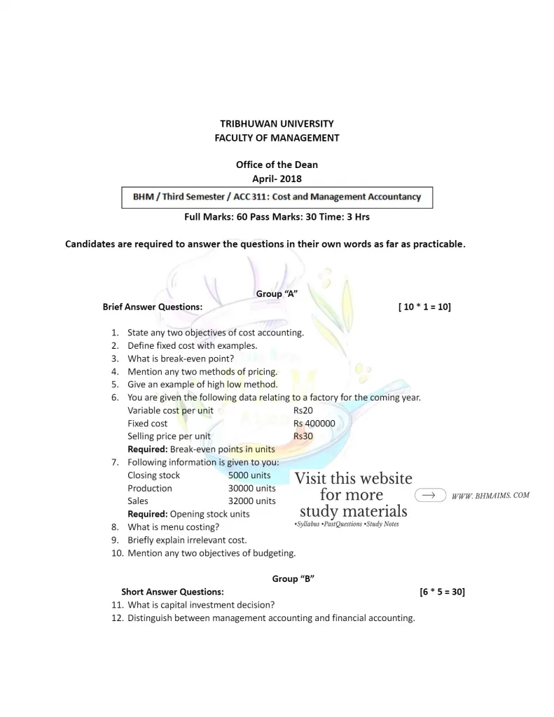 tu-bhm-3rd-semester-cost-and-management-accountancy-question-paper-year-2018