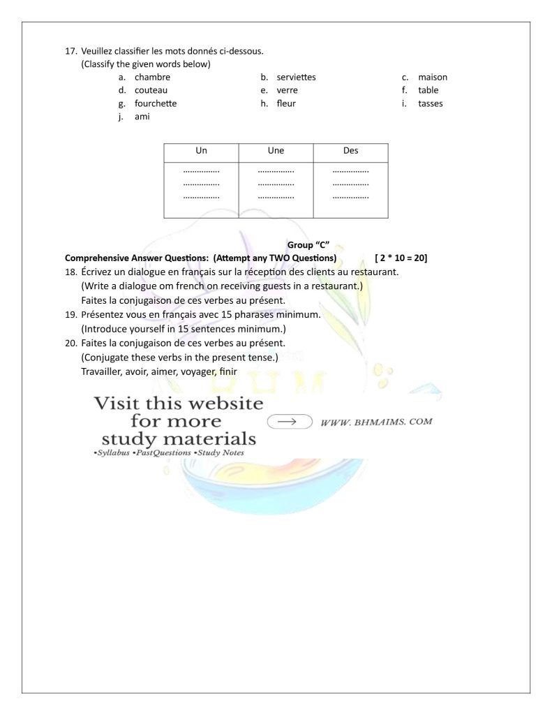 tu bhm hotel french past year board question 2024