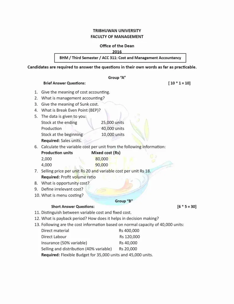 tu-bhm-3rd-semester-cost-and-management-accountancy-question-paper-2016