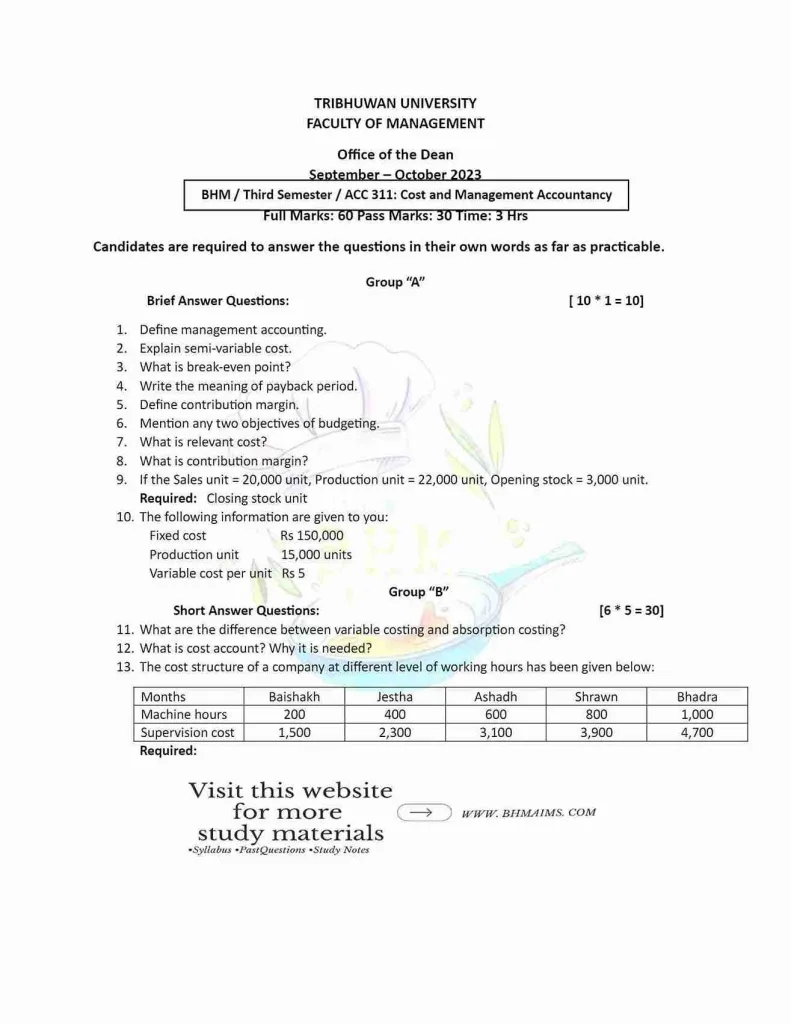 tribhuwan-university-bhm-3rd-semester-cost-and-management-accountancy-question-paper-2023