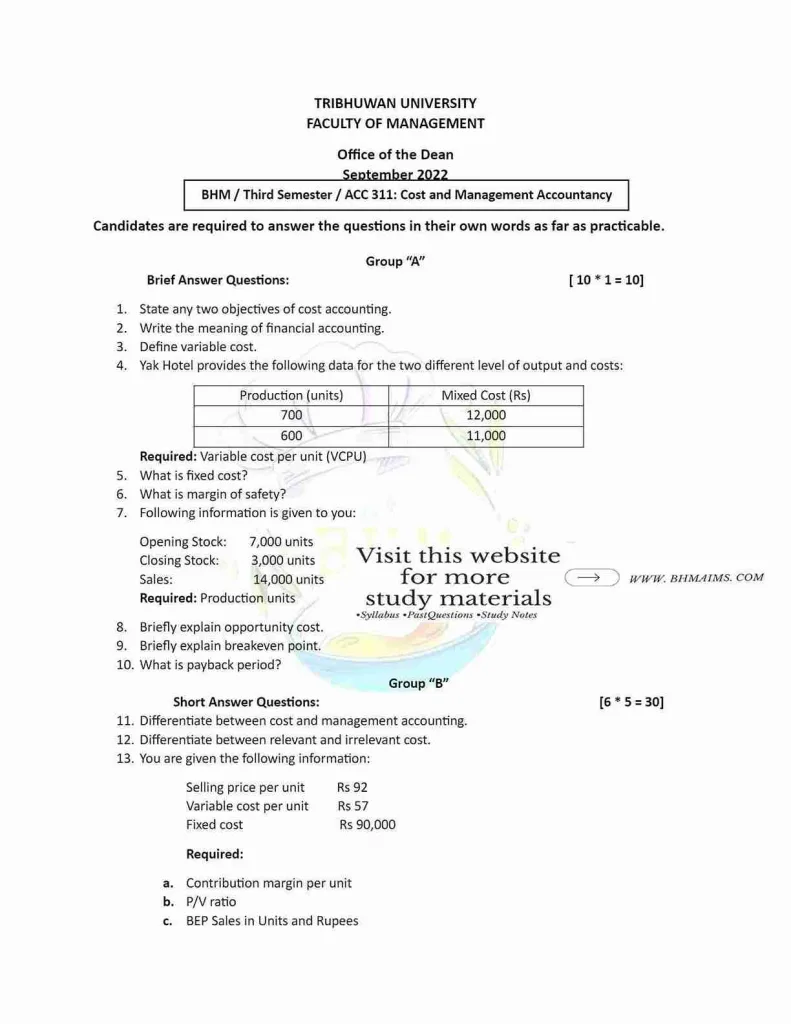 tribhuwan-university-bachelor-in-hotel-management-3rd-semester-cost-and-management-accountancy-question-paper-2022