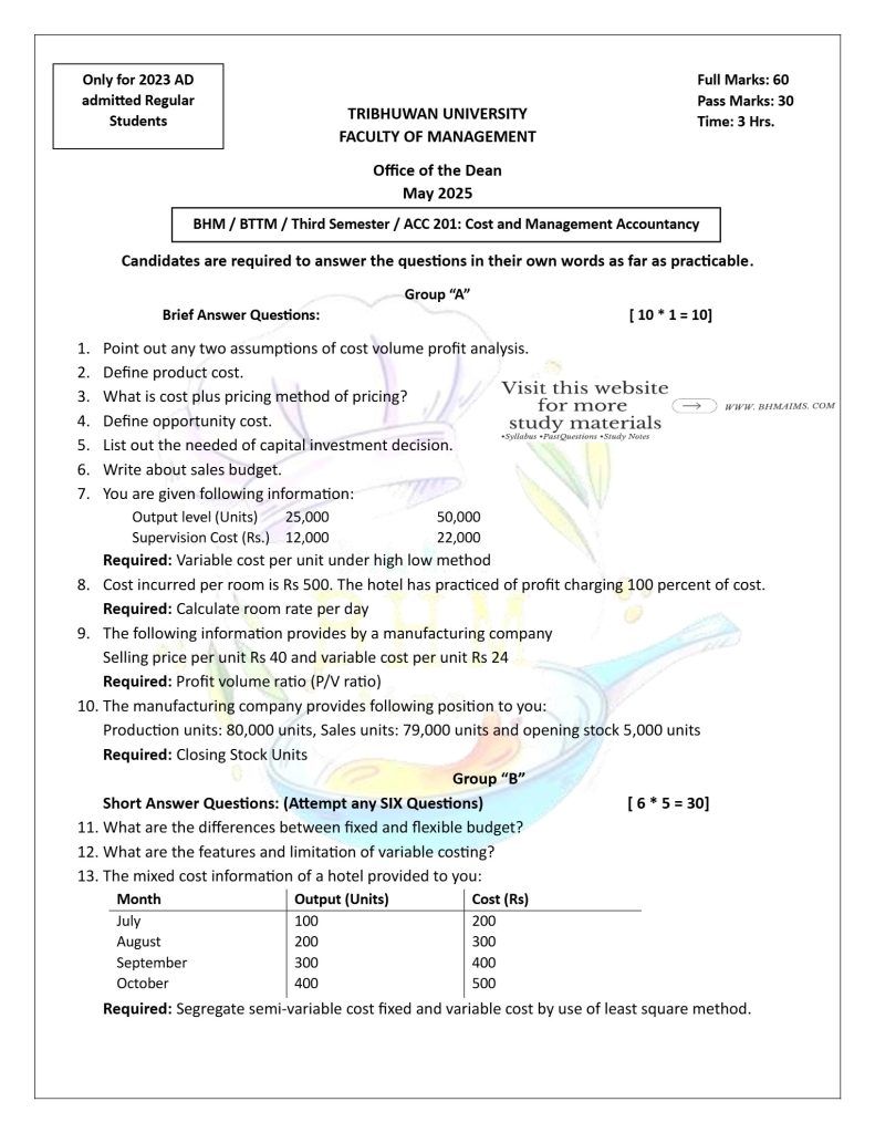 tu-bhm-3rd-semester-cost-and-management-accountancy-question-paper-2025