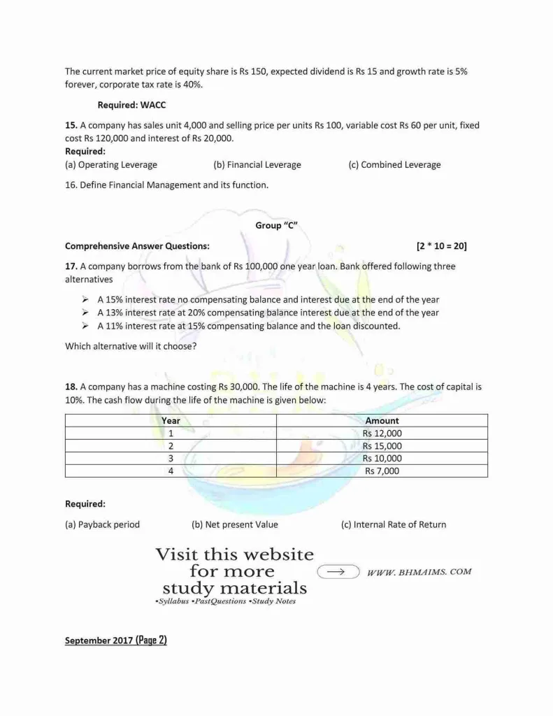 tribhuwan-university-bachelor in hotel management-fourth-semester-financial-management-old-2017-year-question-paper