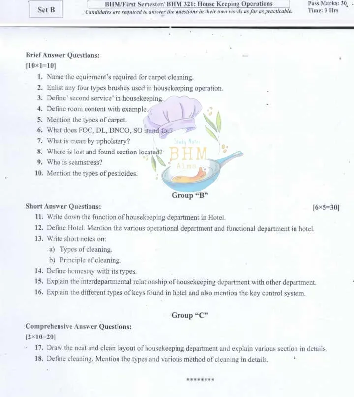 BHM 1st Semester TU new course housekeeping  model question