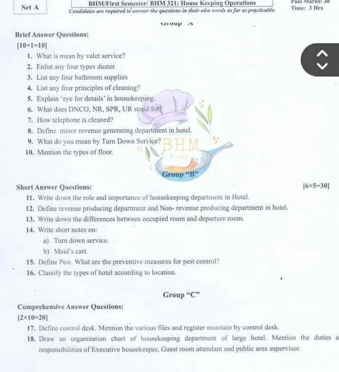 BHM 1st Semester TU new course housekeeping  model question