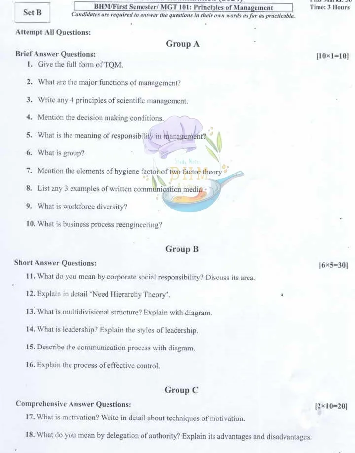 BHM 1st Semester TU new course principle of management POM model question