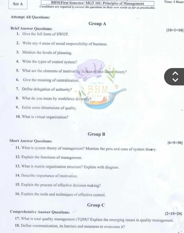 BHM 1st Semester TU new course principle of management model question