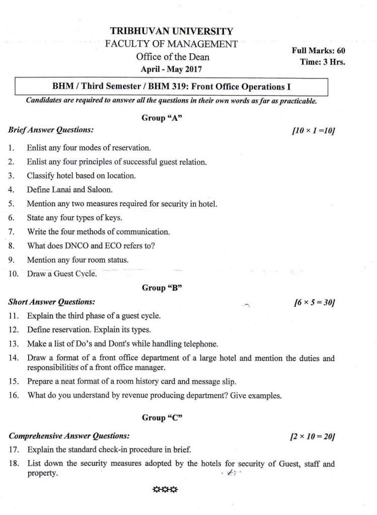 Front Office Operation I Year 2017 Question Paper 