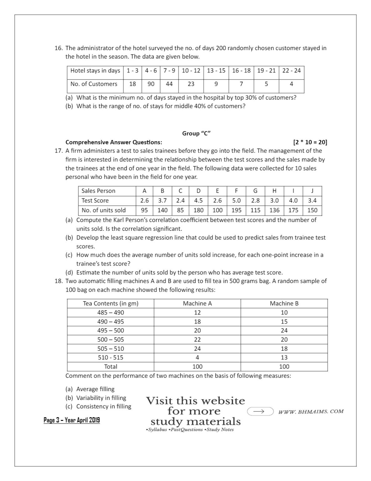 Statistics Sample Paper BHM 5th Semester - Statistics Past Question Paper - With Solution