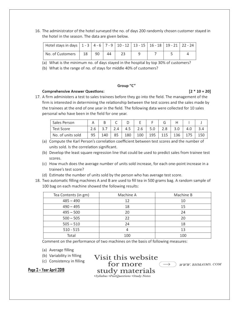 tribhuwan university-bhm-5th-semester-statistics-past-question-paper-2019