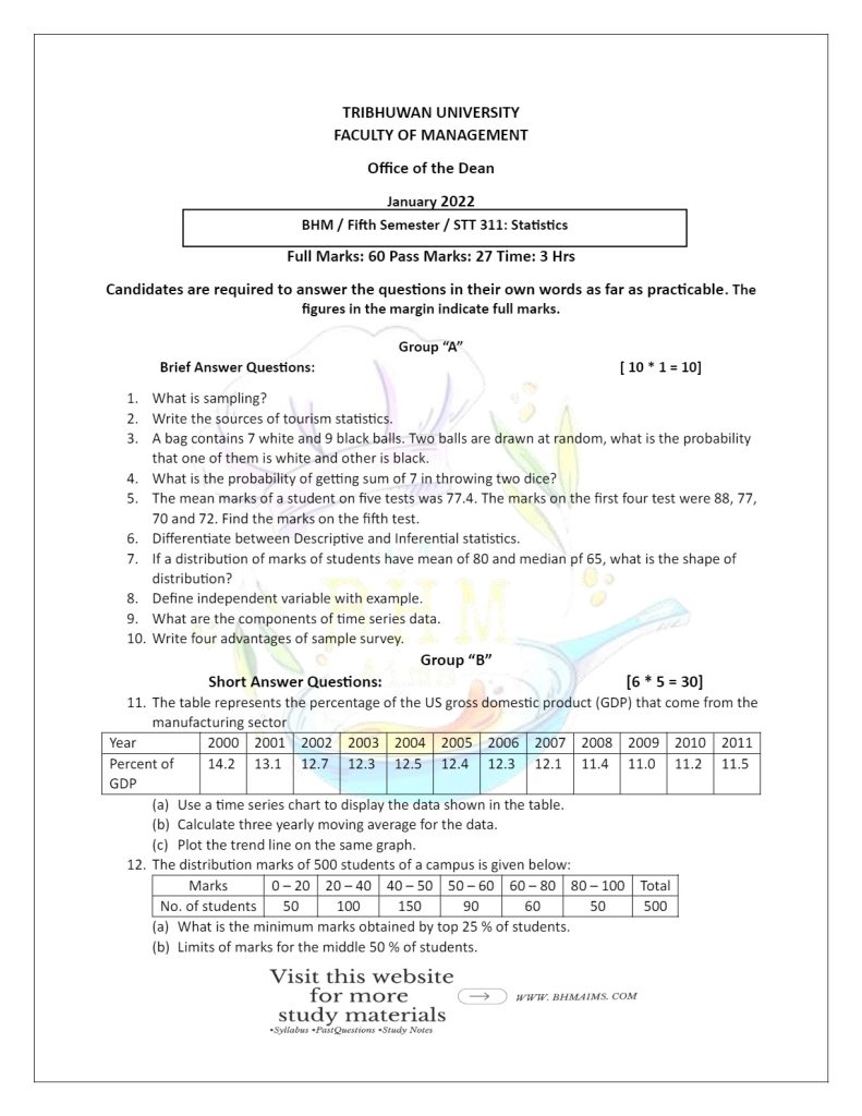 tribhuwan university-bhm-5th-semester-statistics-old-question-paper-2022