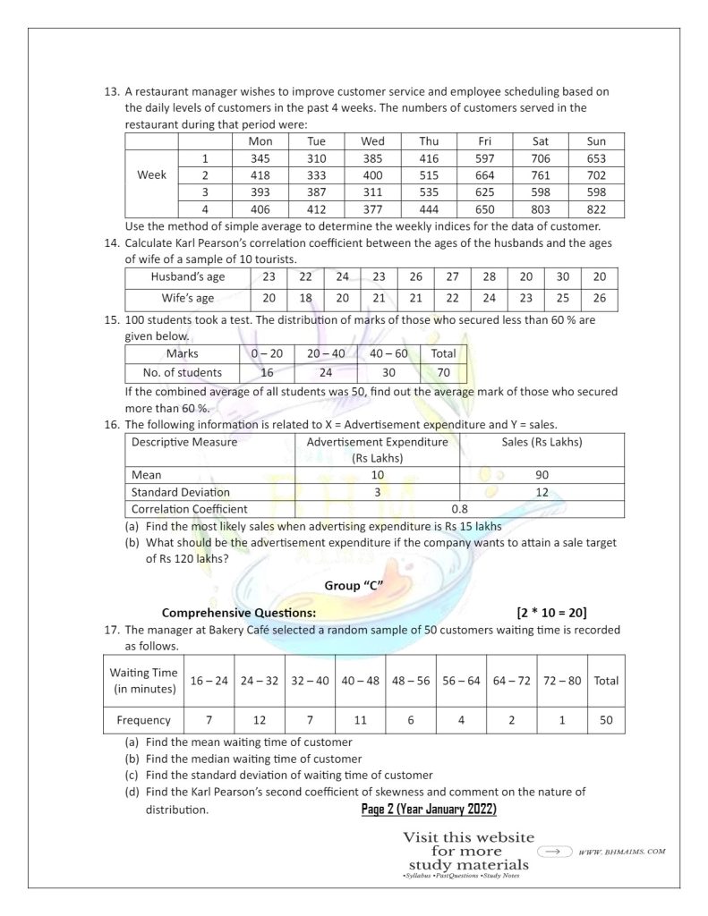 tribhuwan university-bhm-5th-semester-statistics-past-question-paper-2022