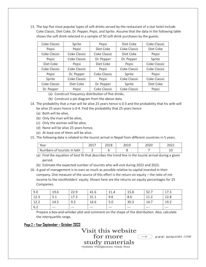 tribhuwan university-bhm-5th-semester-statistics-past-question-paper-2023