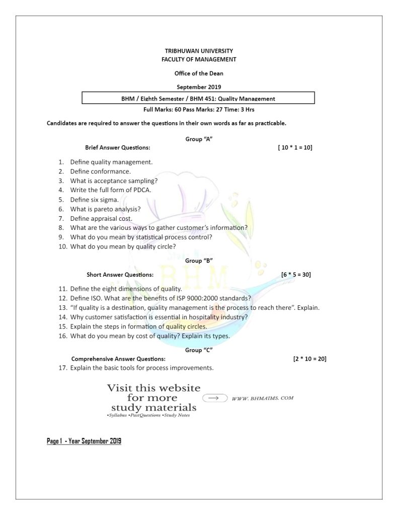 tu-bhm-8th-semester-quality-management-2019-old-year-question-paper