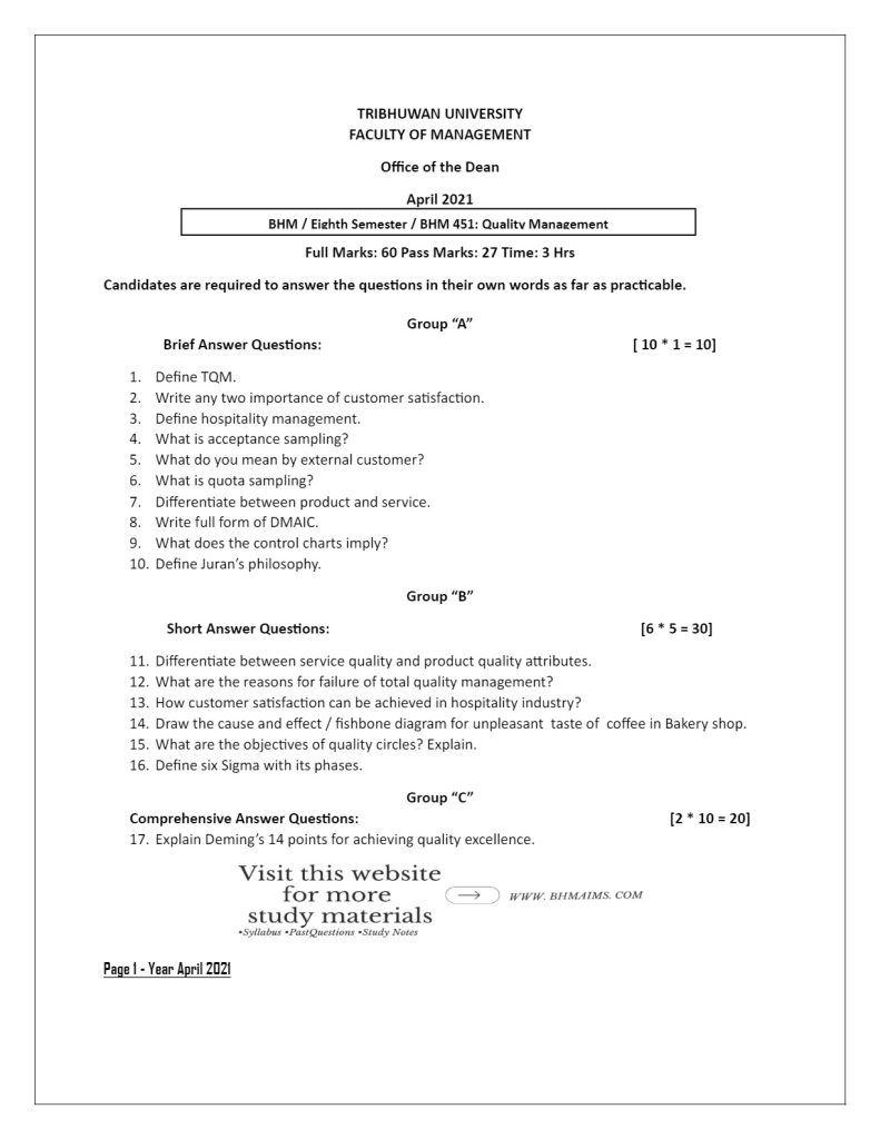 tu-bhm-8th-semester-quality-management-2021-old-year-question-paper