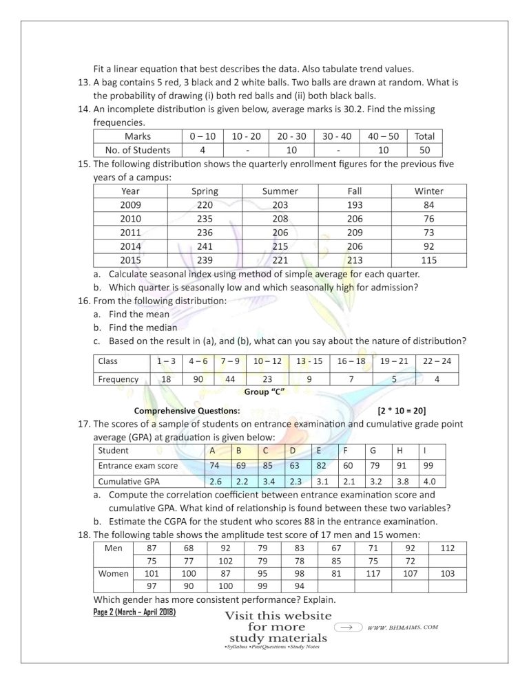 Statistics Sample Paper BHM 5th Semester - Statistics Past Question Paper - With Solution
