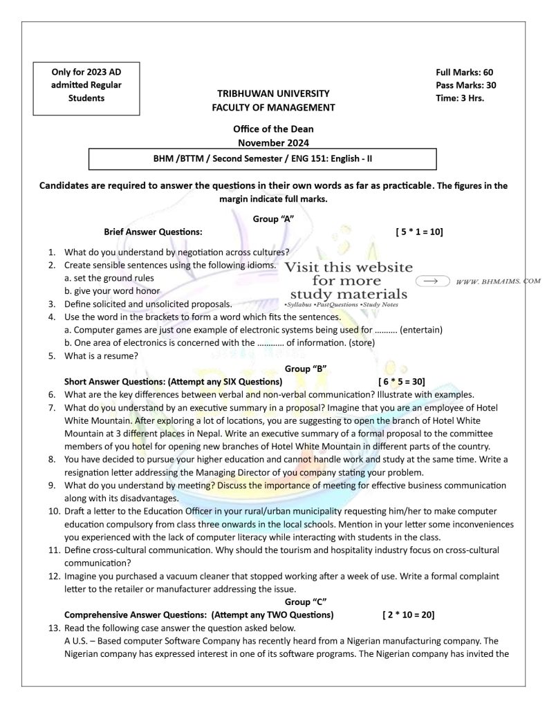 BHM 2nd Semester English-II Question Paper (New Course)