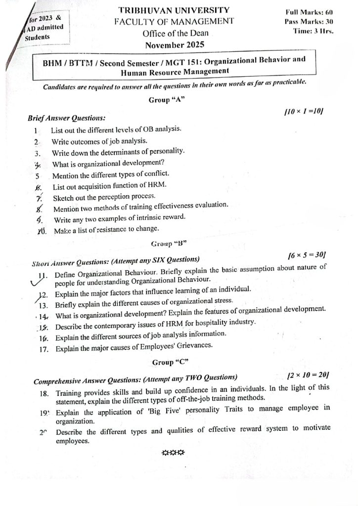 organizational behavior and human resource management bhm question paper