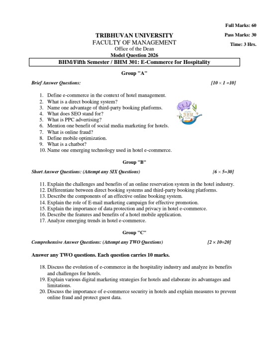E-commerce for hospitality bhm tu question paper